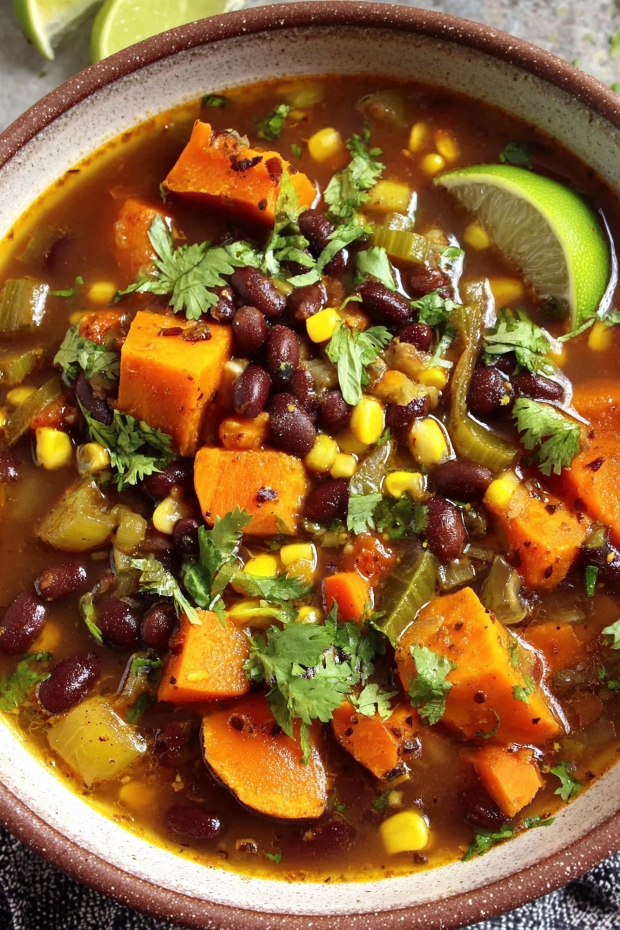 A bowl of soup with a variety of vegetables.