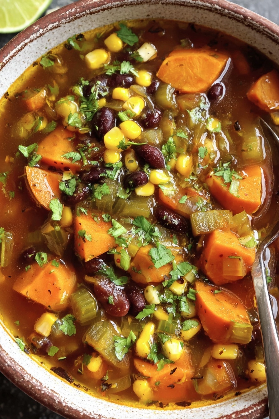 A bowl of soup with vegetables and beans.