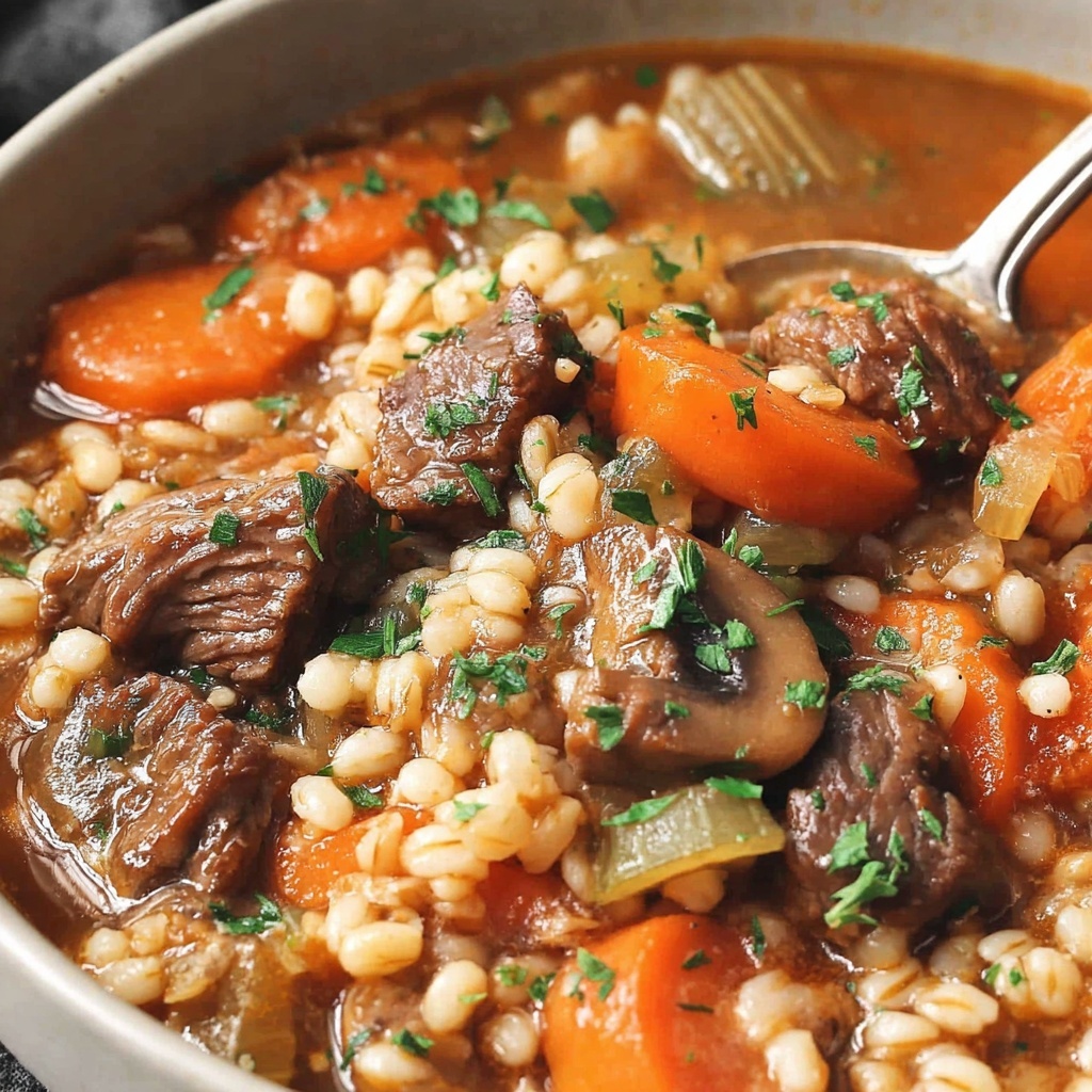 A bowl of hearty beef and barley soup.