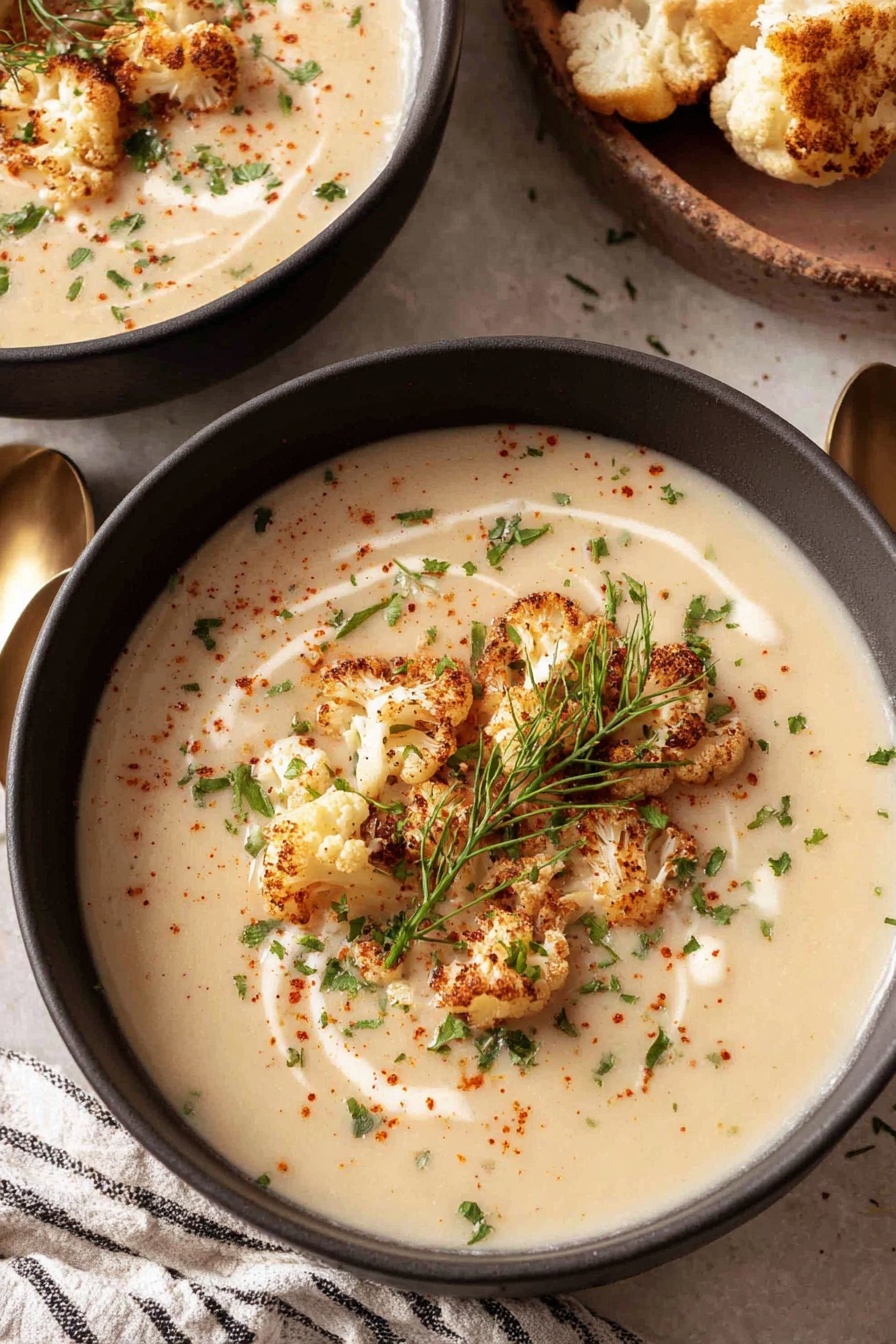 A bowl of creamy cauliflower soup with a sprig of parsley on top.