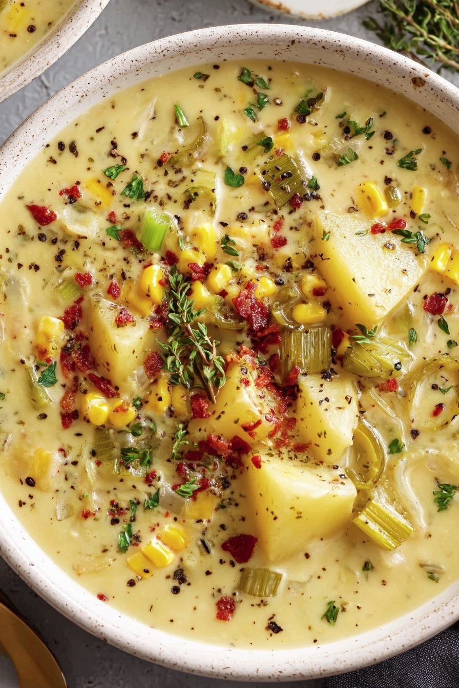 A bowl of creamy potato corn chowder.