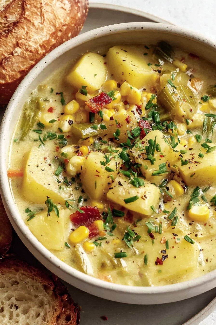 A bowl of creamy potato corn chowder.