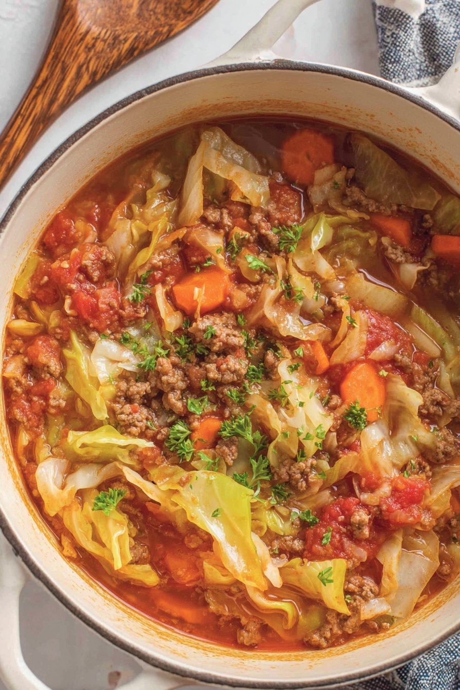 A bowl of cabbage roll soup.