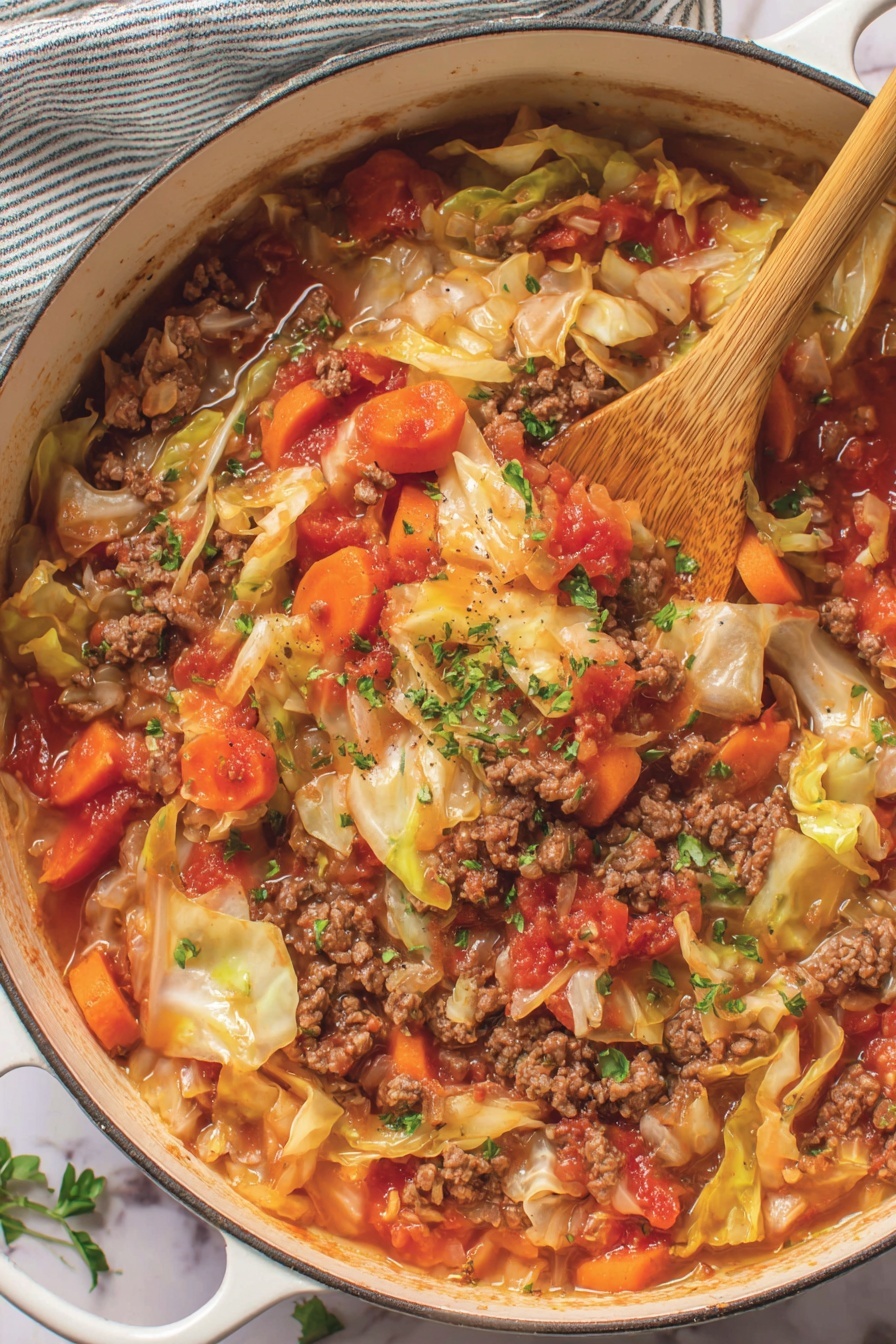 A bowl of cabbage roll soup.