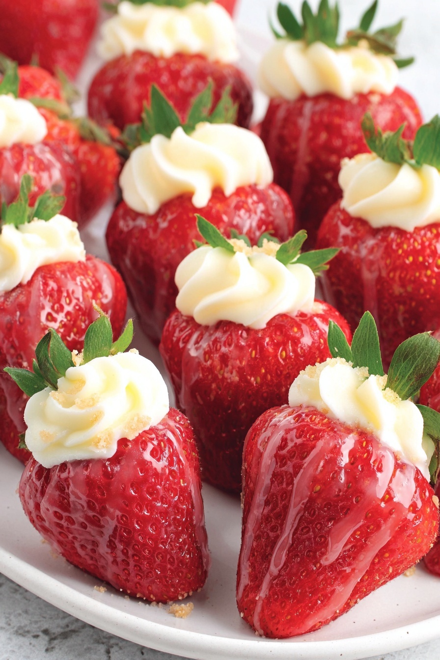 A plate of strawberries with whipped cream on top.