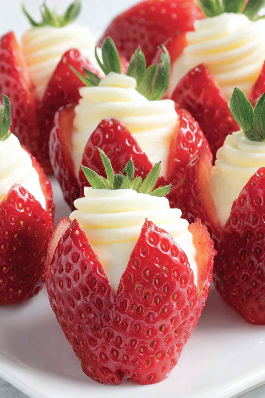 A plate of strawberries with white cream in the middle.