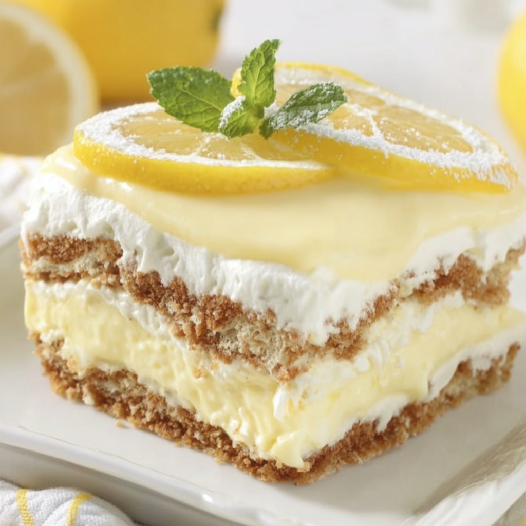 A slice of lemon eclair cake.