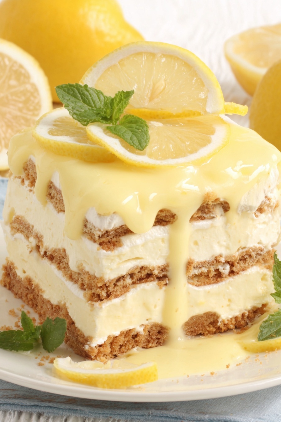 A slice of lemon cake with lemon wedges on top.