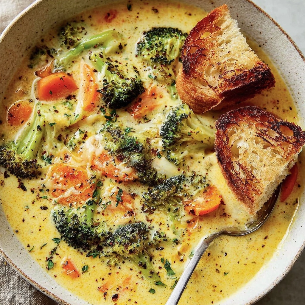 A bowl of creamy broccoli cheddar soup with a spoon in it.