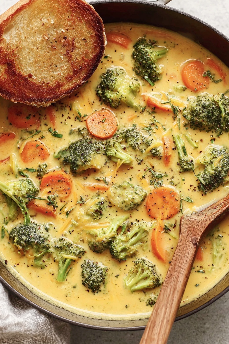 A bowl of creamy broccoli cheddar soup with a wooden spoon.