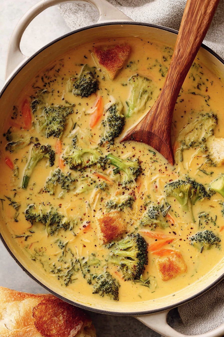 A bowl of creamy broccoli cheddar soup with a wooden spoon in it.
