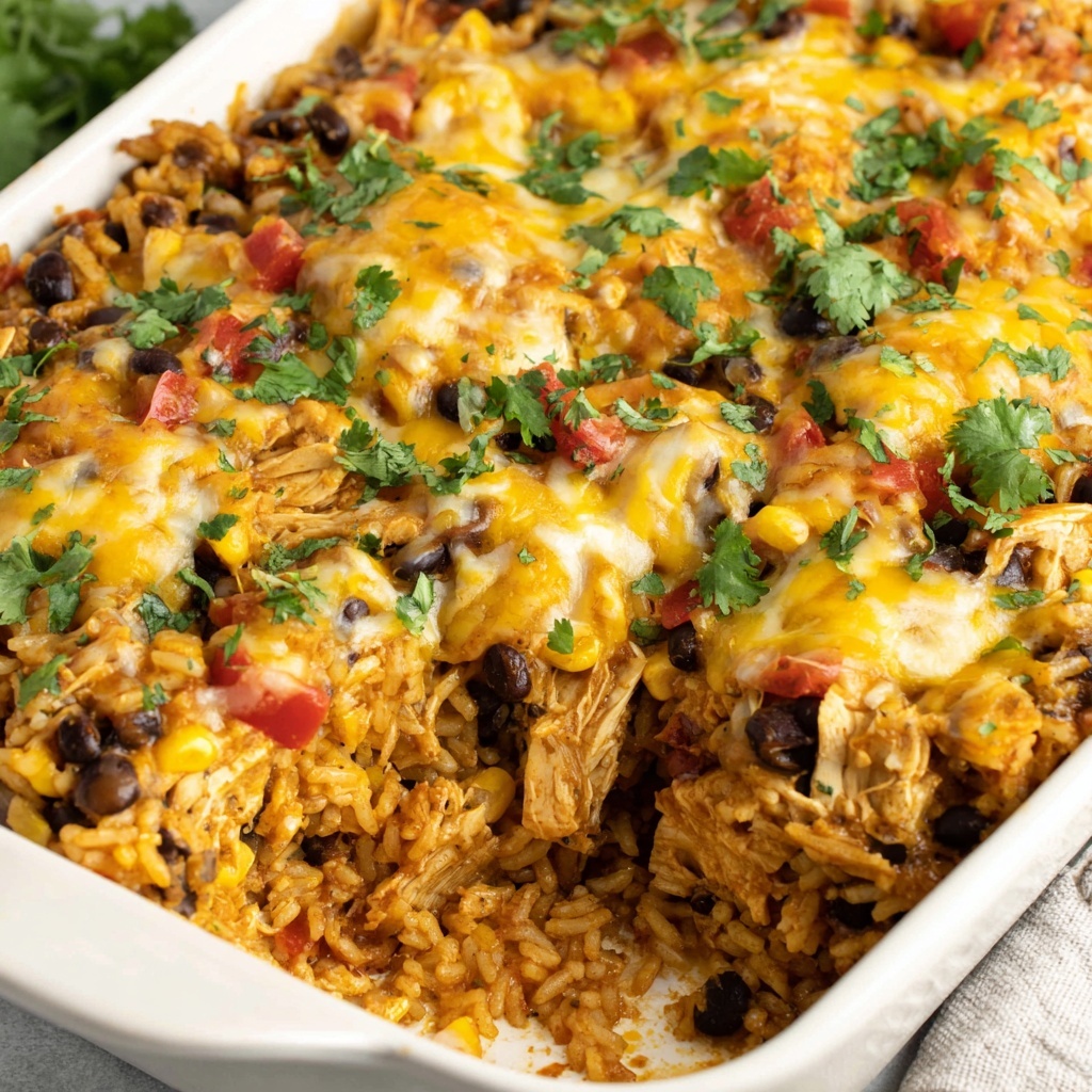 A dish of chicken enchilada rice casserole.