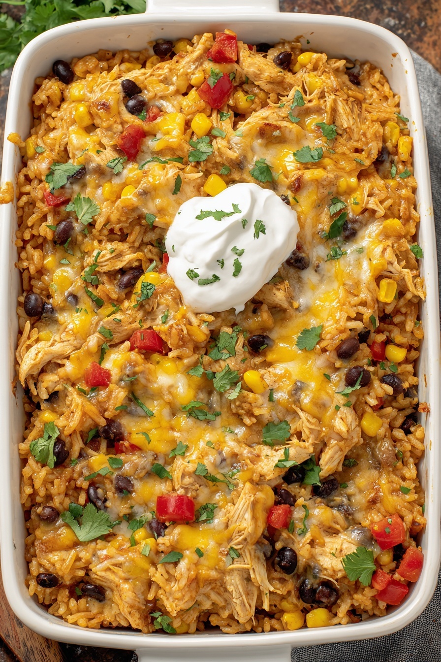 A dish of chicken enchilada rice casserole.