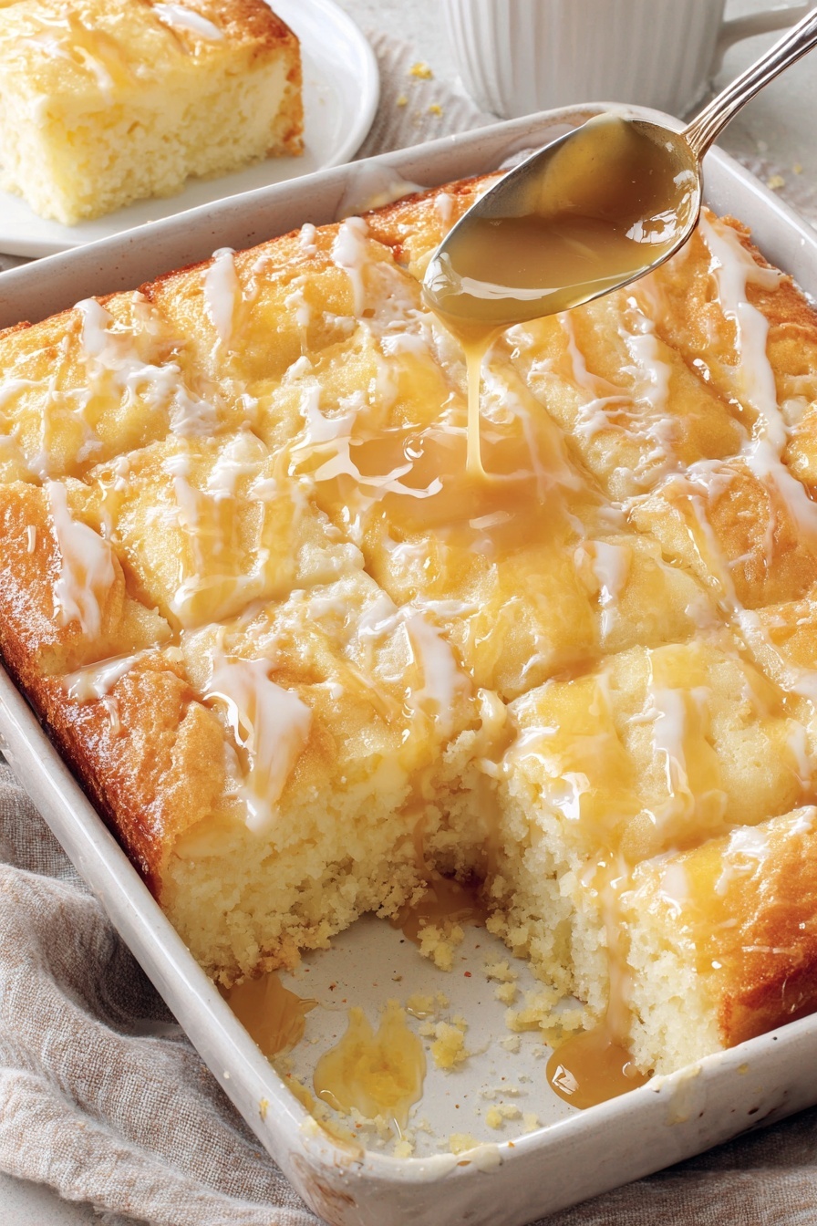 A slice of butter cake with a spoonful of butter drizzled on top.