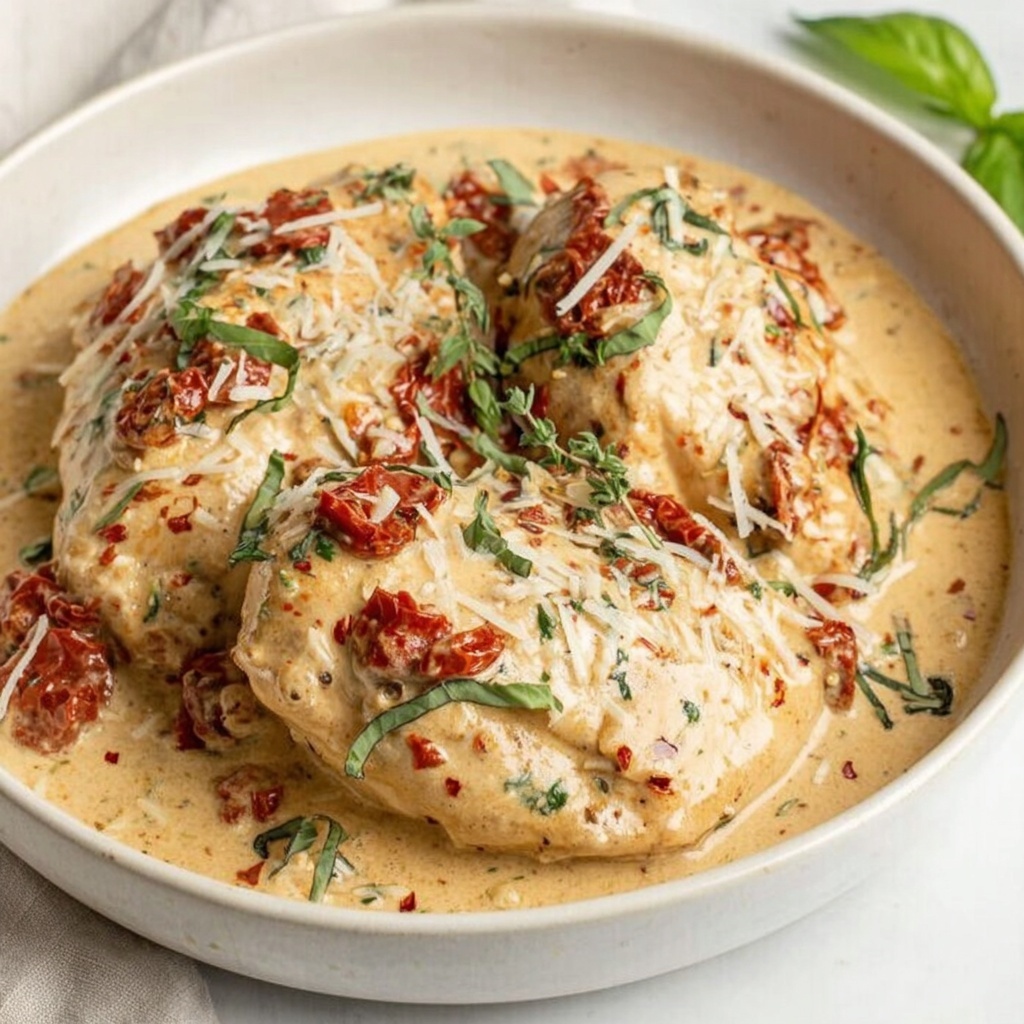 A bowl of chicken covered in cheese and herbs.