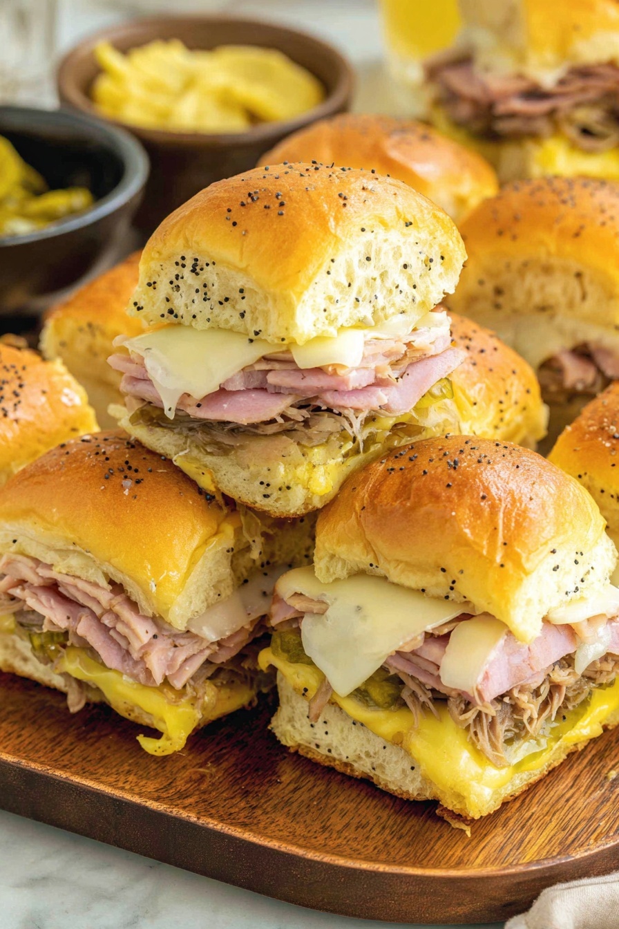 A plate of Cuban sliders with cheese and ham.