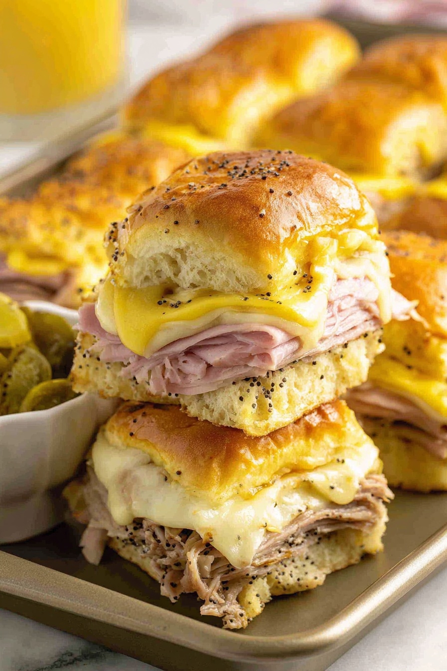 A plate of Cuban sliders with cheese and ham.