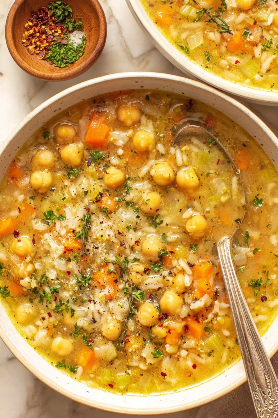 A bowl of soup with chickpeas, carrots, and rice.