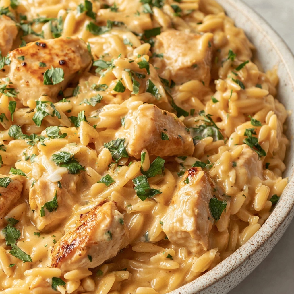A bowl of creamy chicken orzo.