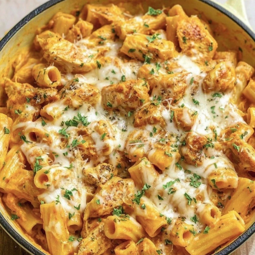 A bowl of chicken parmesan pasta.