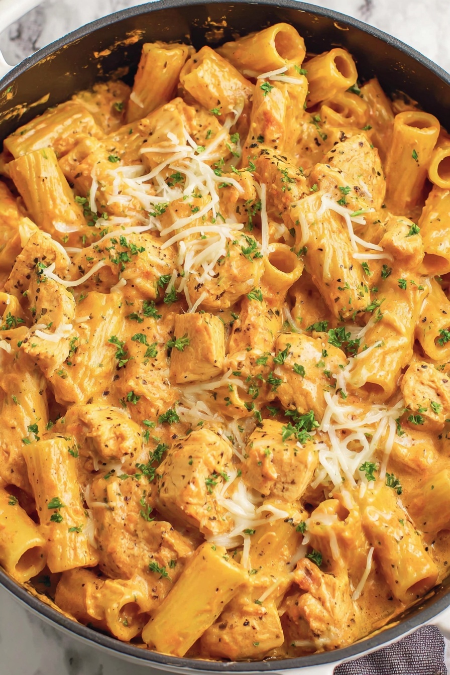 A dish of chicken Parmesan pasta.