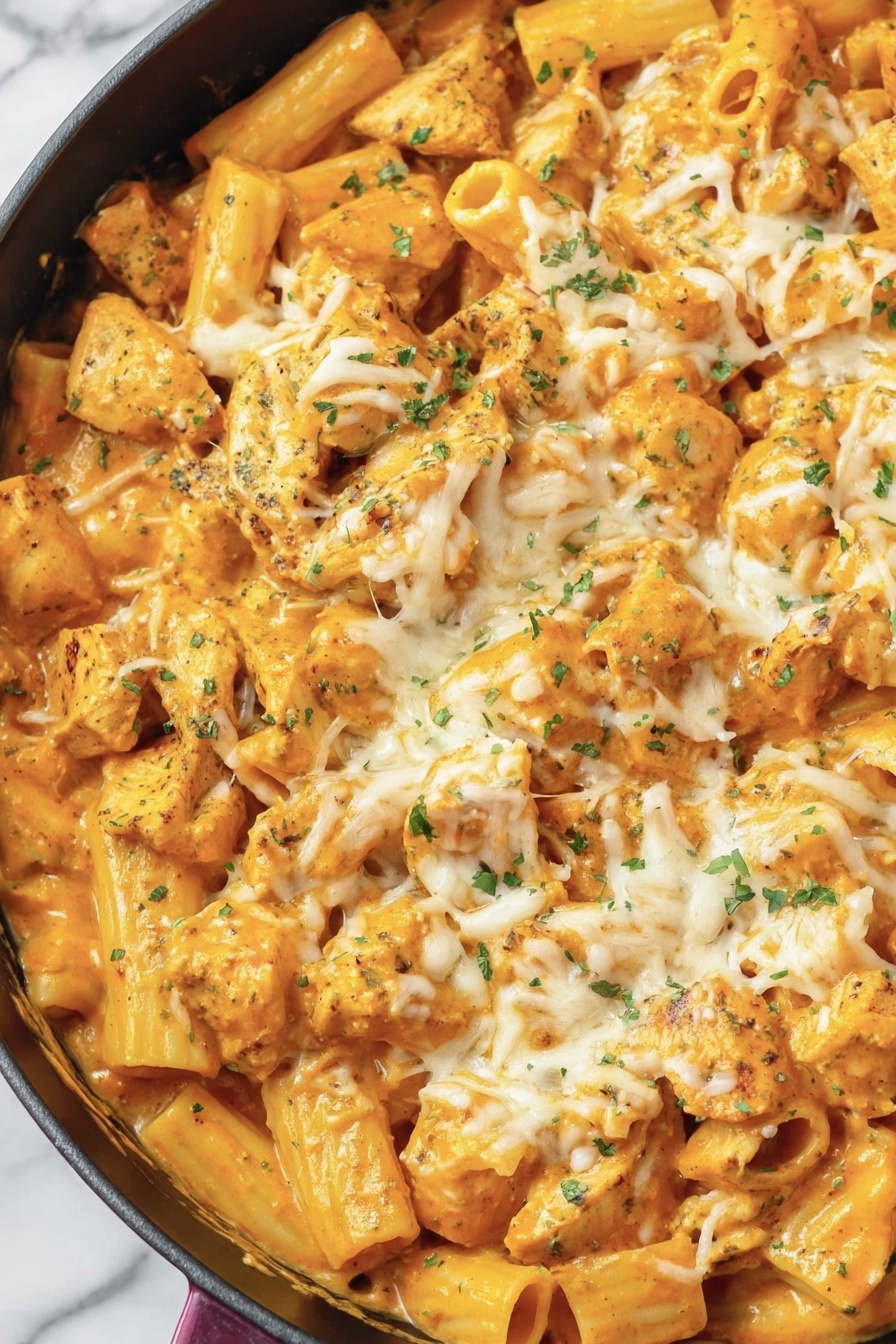 A dish of chicken parmesan pasta.