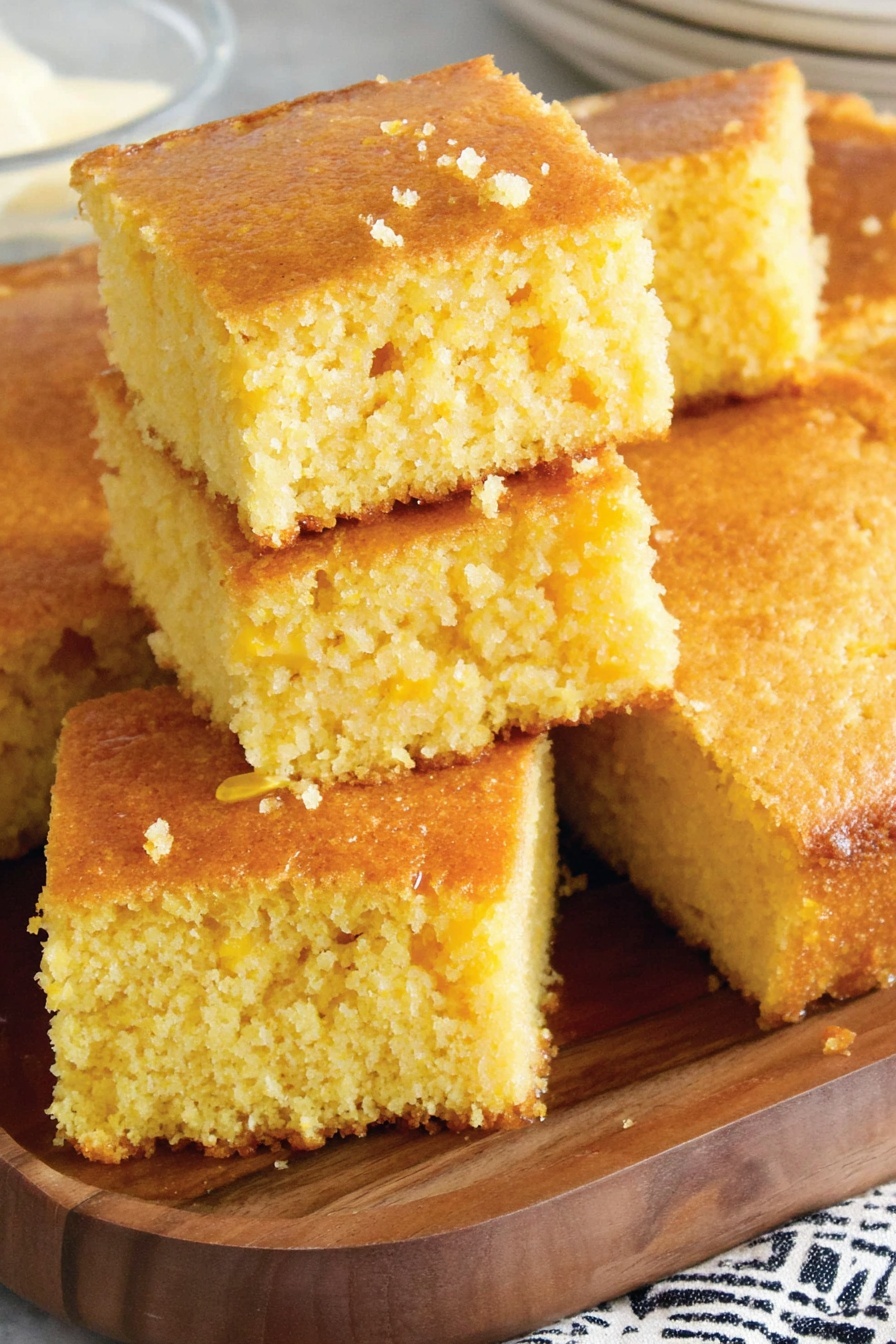 A stack of cornbread on a wooden board.