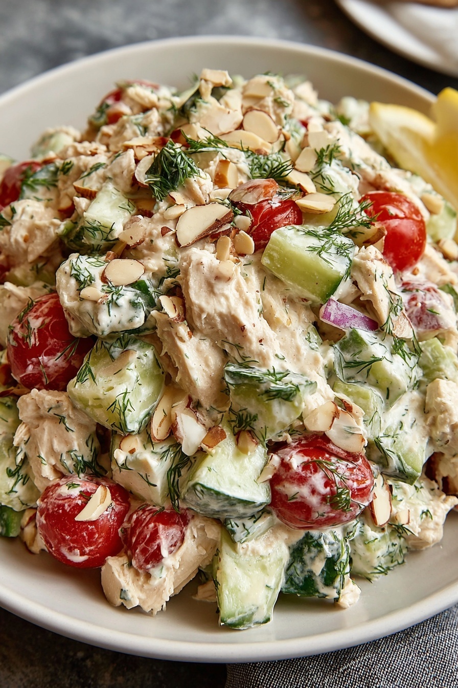 A Greek chicken salad with tomatoes, cucumbers, almonds, and feta cheese.
