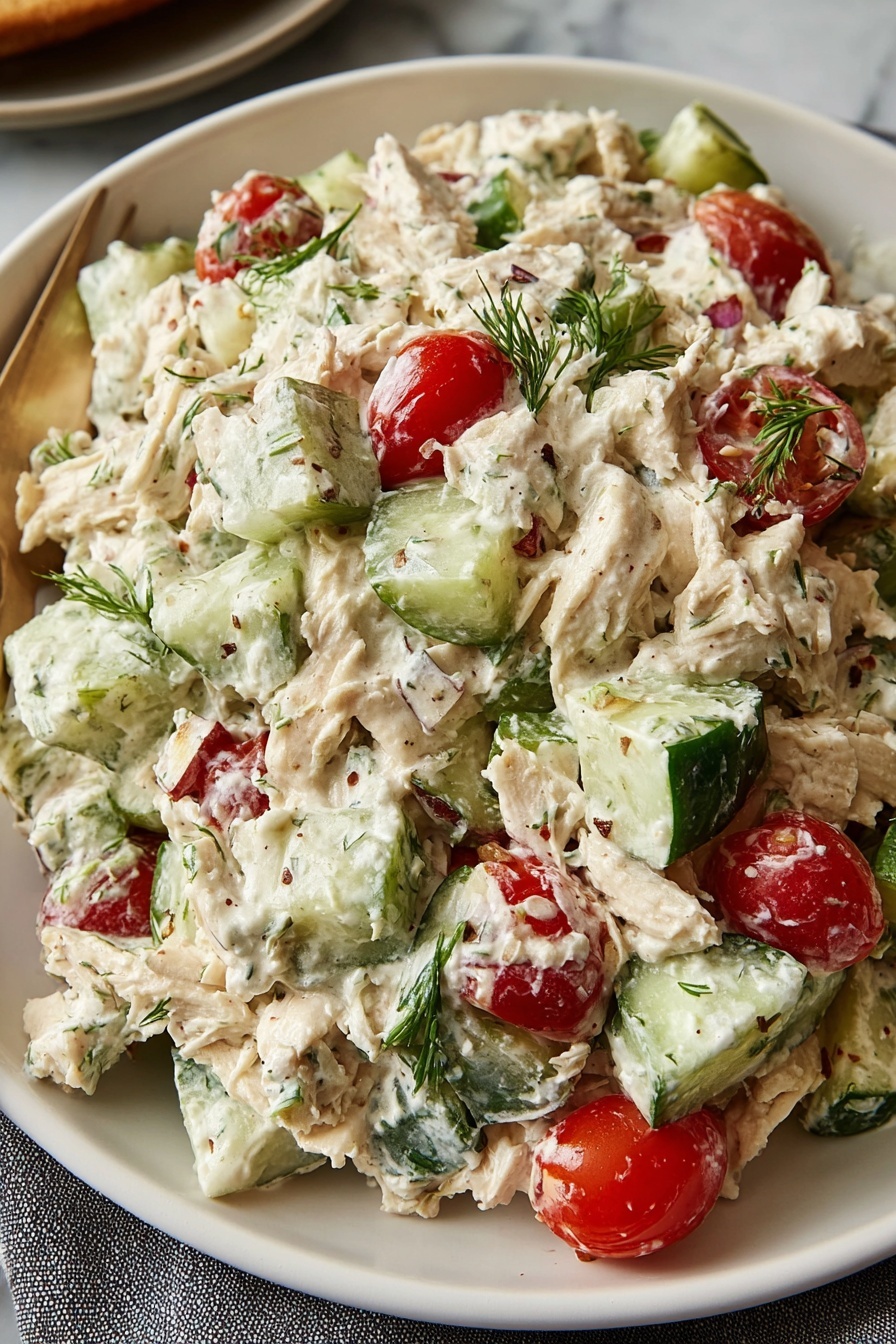 A bowl of Greek chicken salad with tomatoes, cucumbers, and feta cheese.