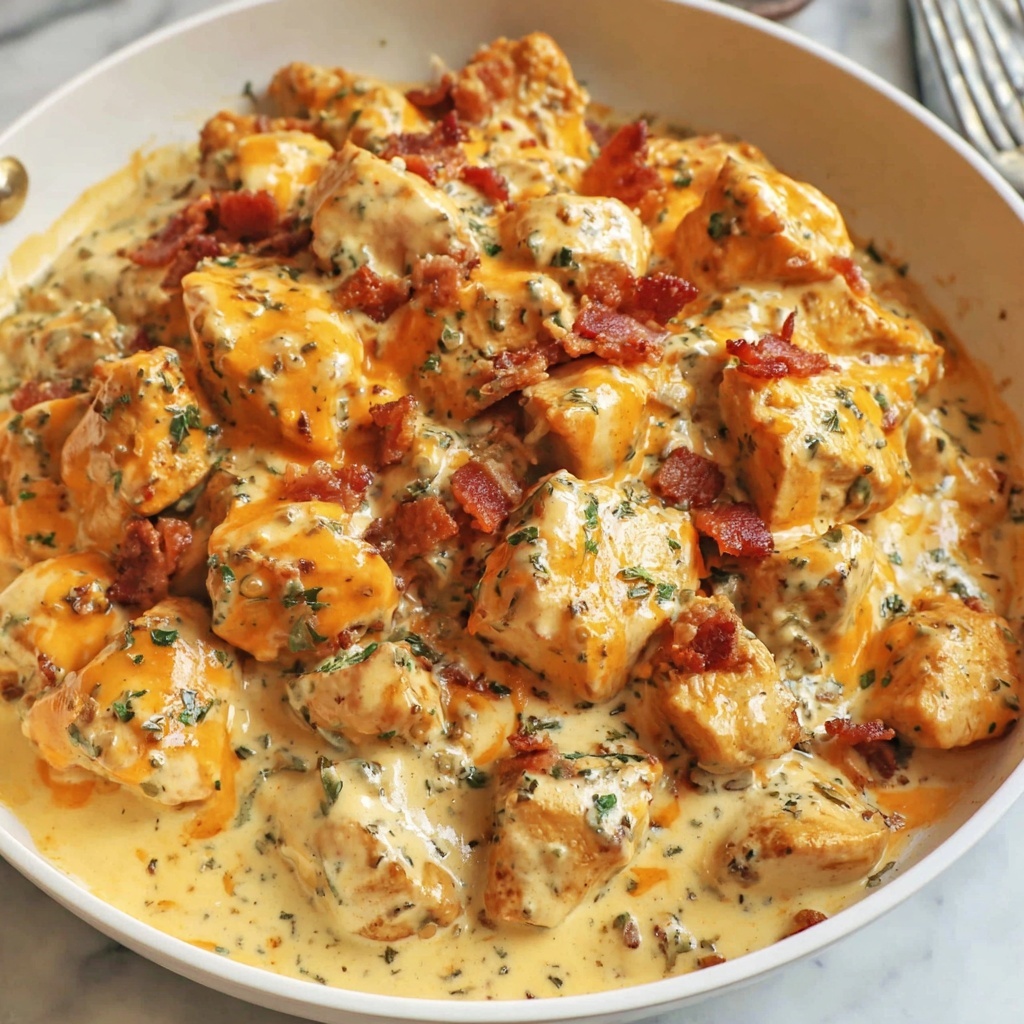A skillet full of chicken covered in cheese and bacon.