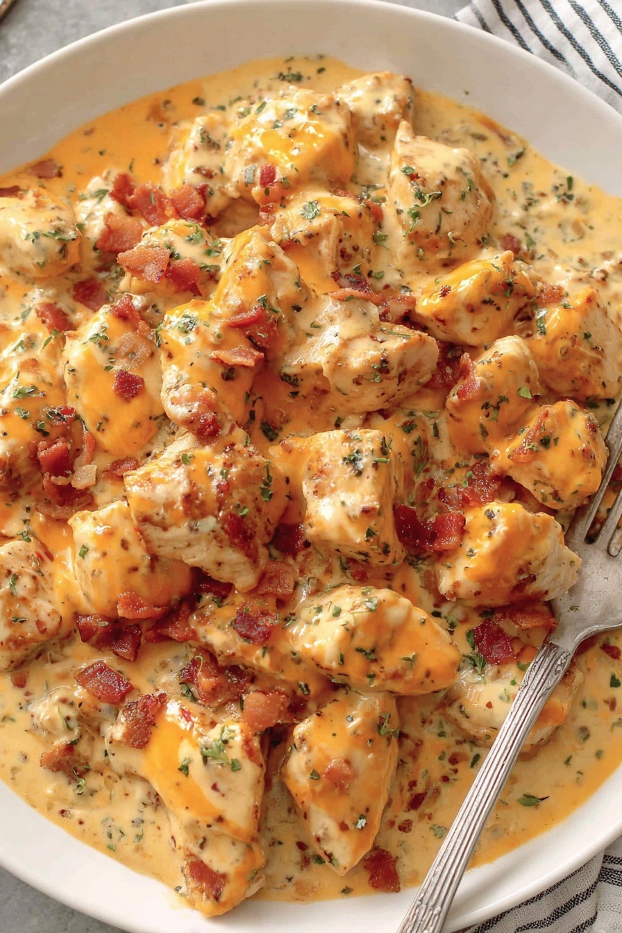 A plate of chicken covered in cheese and bacon.