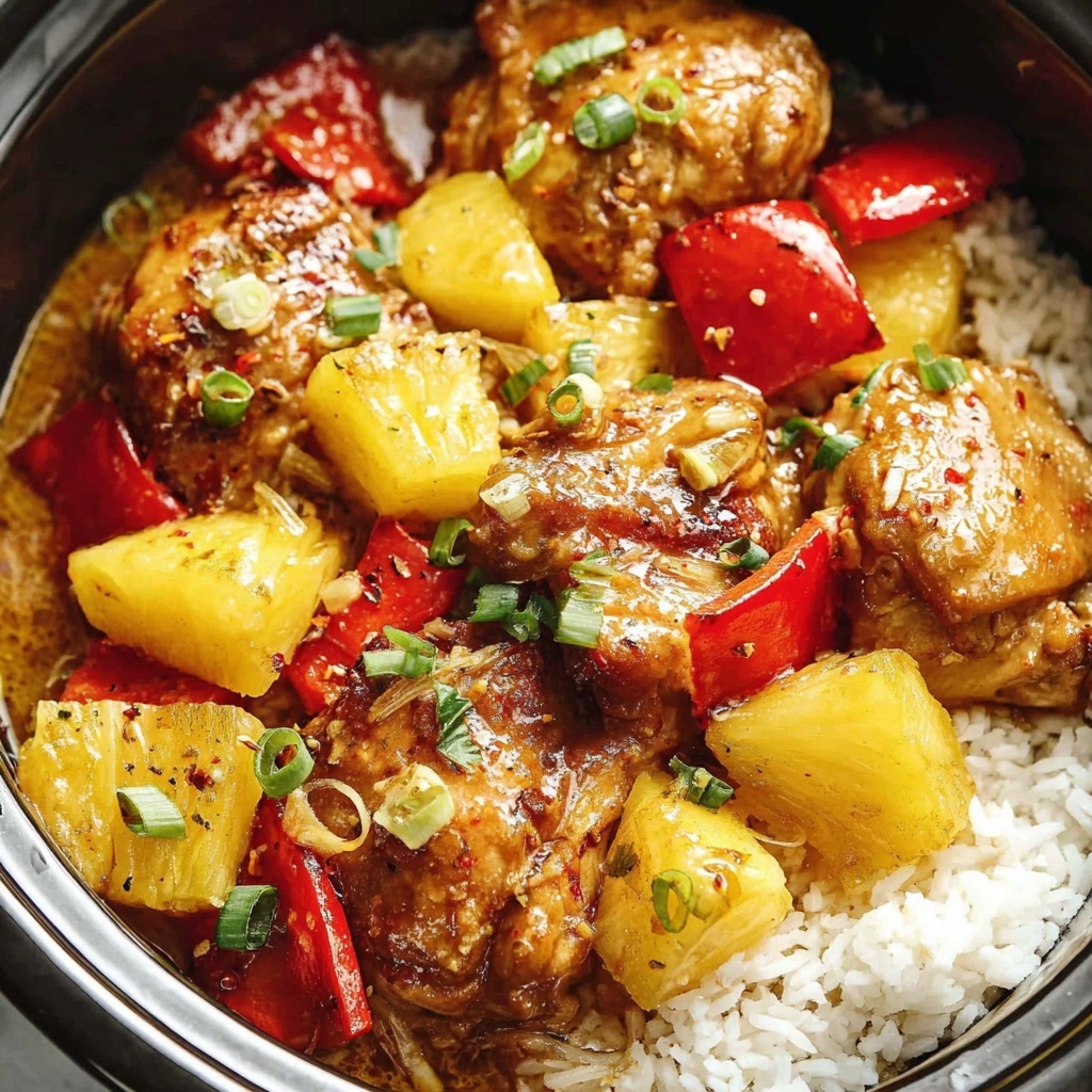 A close up of a crockpot with a delicious Hawaiian chicken recipe.