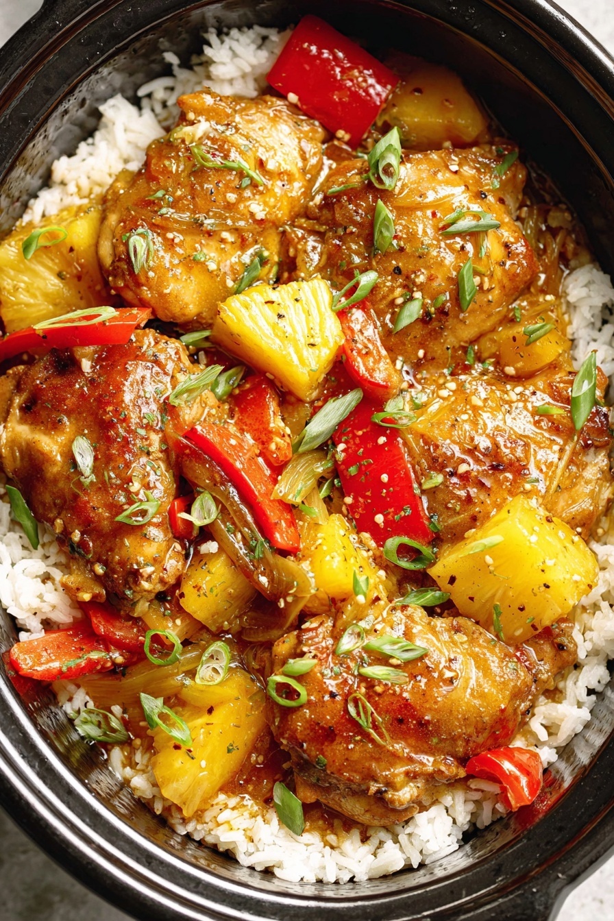 A close up of a crockpot filled with a delicious Hawaiian chicken recipe.