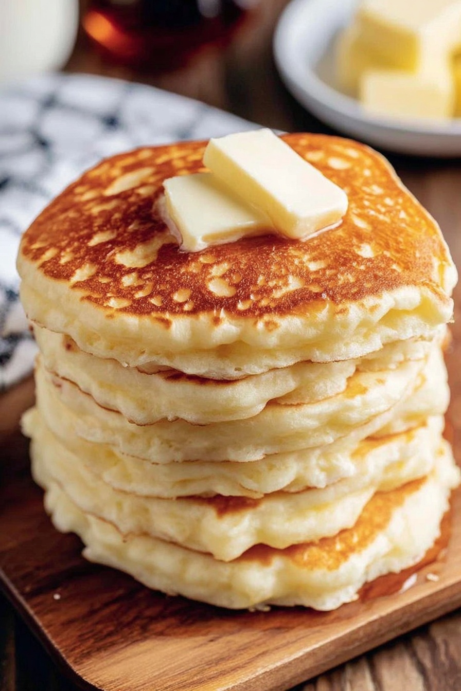 A stack of pancakes with butter on top.