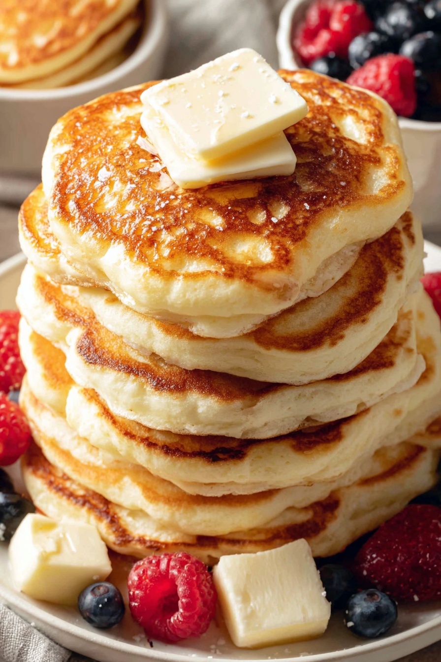 A stack of pancakes with butter on top.