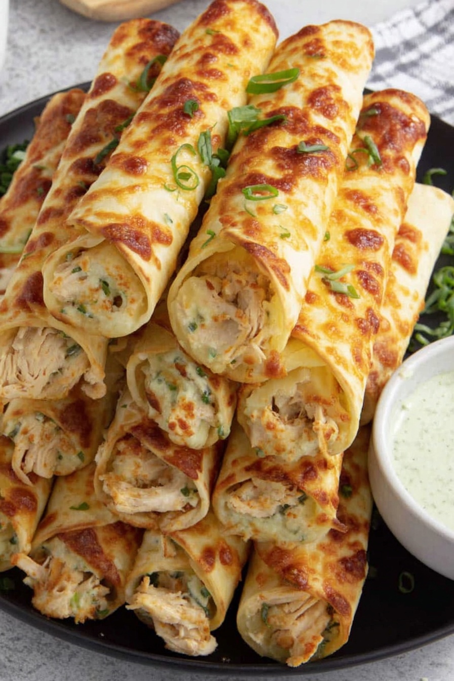 A stack of chicken and cheese filled wraps.