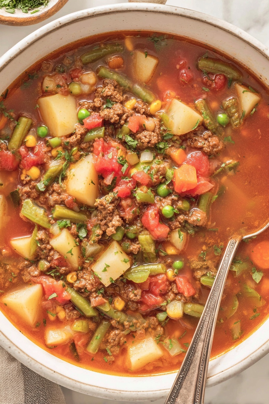 A bowl of soup with meat, tomatoes, and green beans.