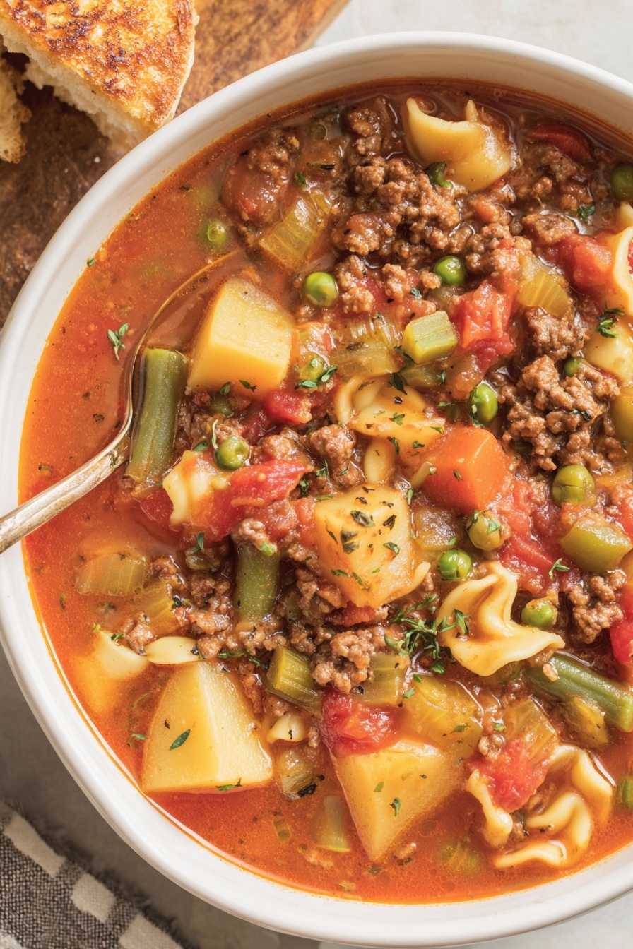 A bowl of soup with meat and vegetables.