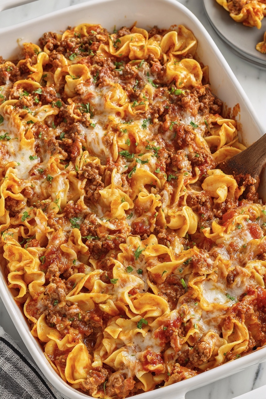 A delicious noodle bake with meat and cheese.