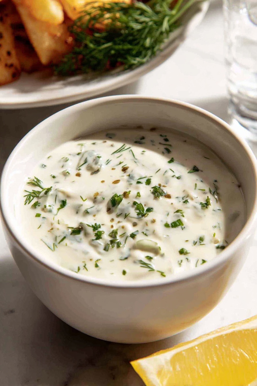 A bowl of white sauce with green herbs.