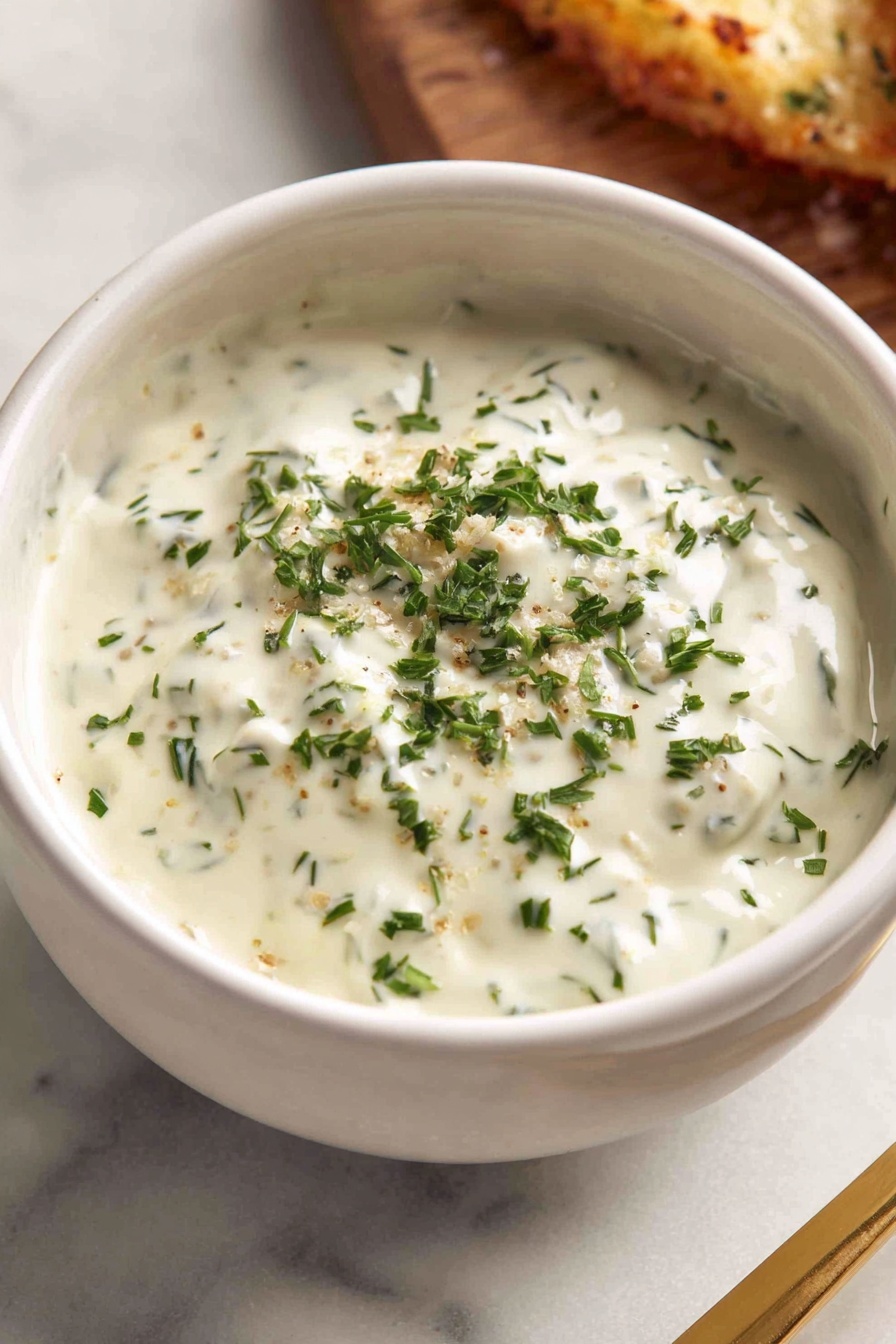 A bowl of white sauce with green herbs.