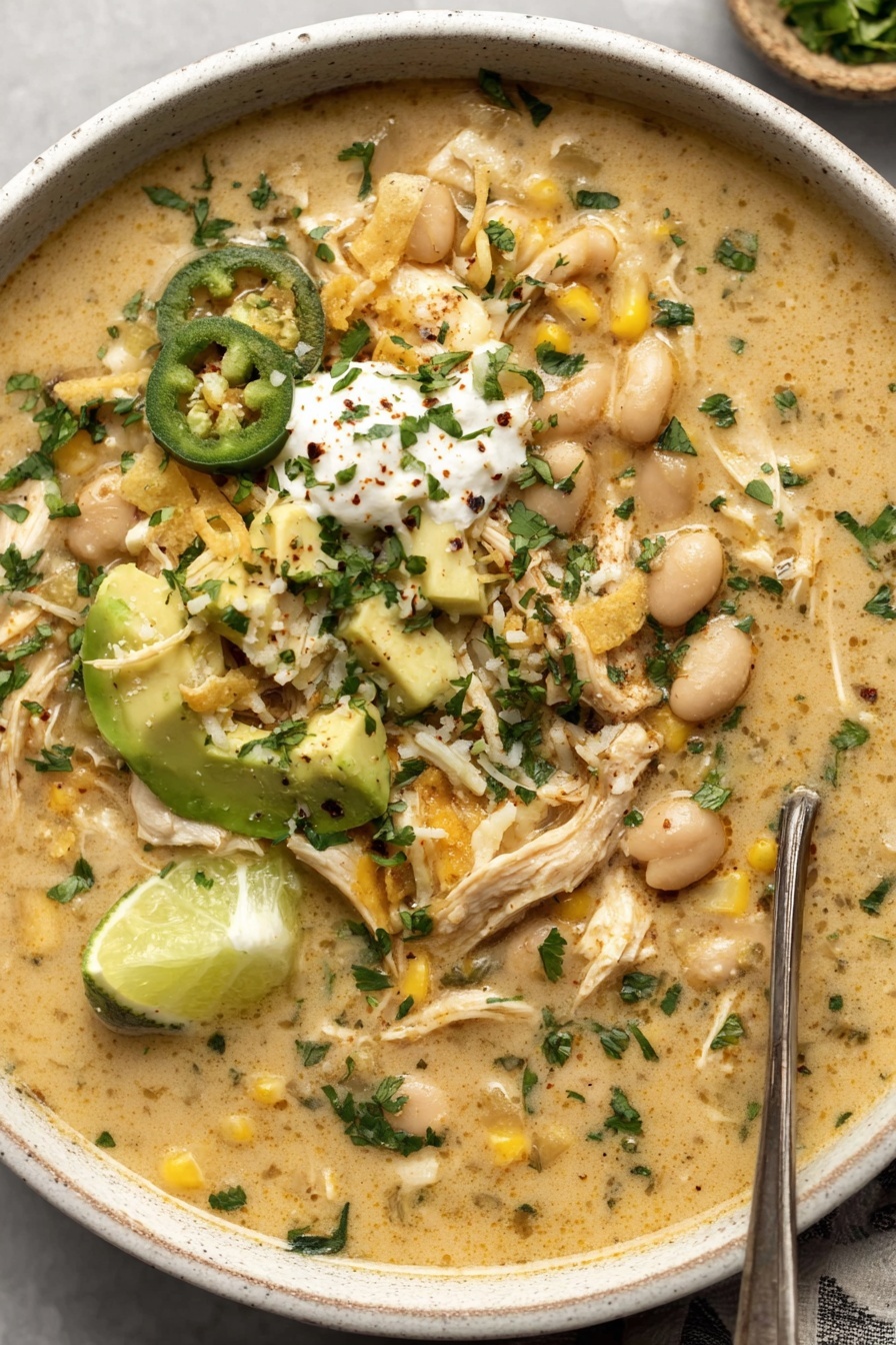 A bowl of soup with chicken, beans, and avocado.