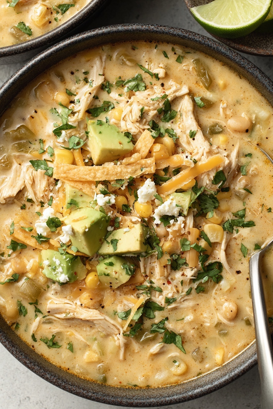 A bowl of creamy green chicken enchilada soup.