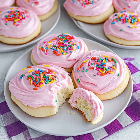 A plate of pink cookies with sprinkles.