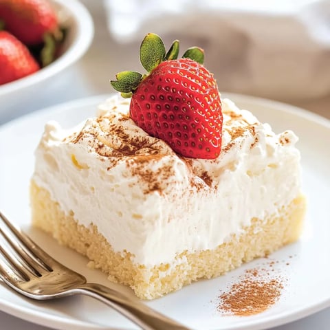 A slice of tres leches cake with a strawberry on top.