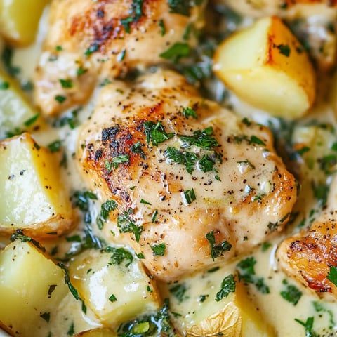 Chicken and potatoes with garlic parmesan cream sauce.