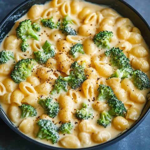 A bowl of creamy broccoli mac and cheese.