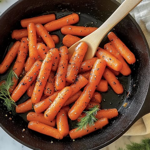 A pan of baby carrots with a wooden spoon in it.