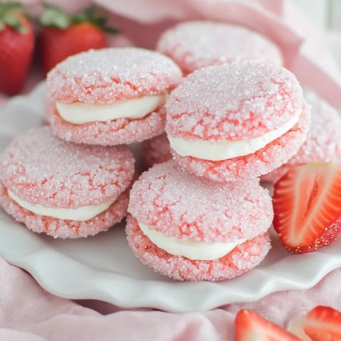 A plate of pink and white cookies with strawberries on top.