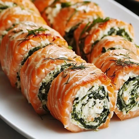 Spinach and feta stuffed salmon pinwheels on a white plate.